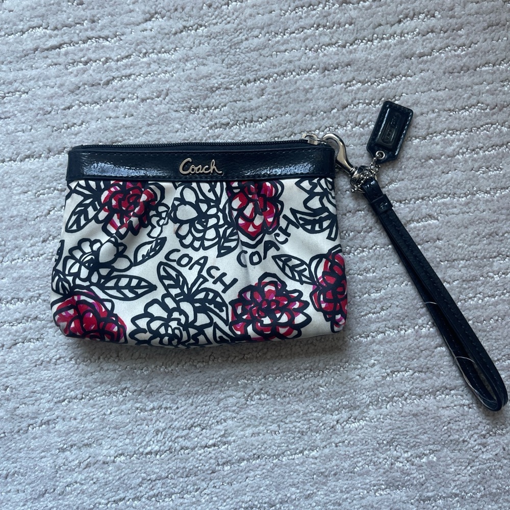 Coach Floral Print Wristlet - Black, Red, Cream